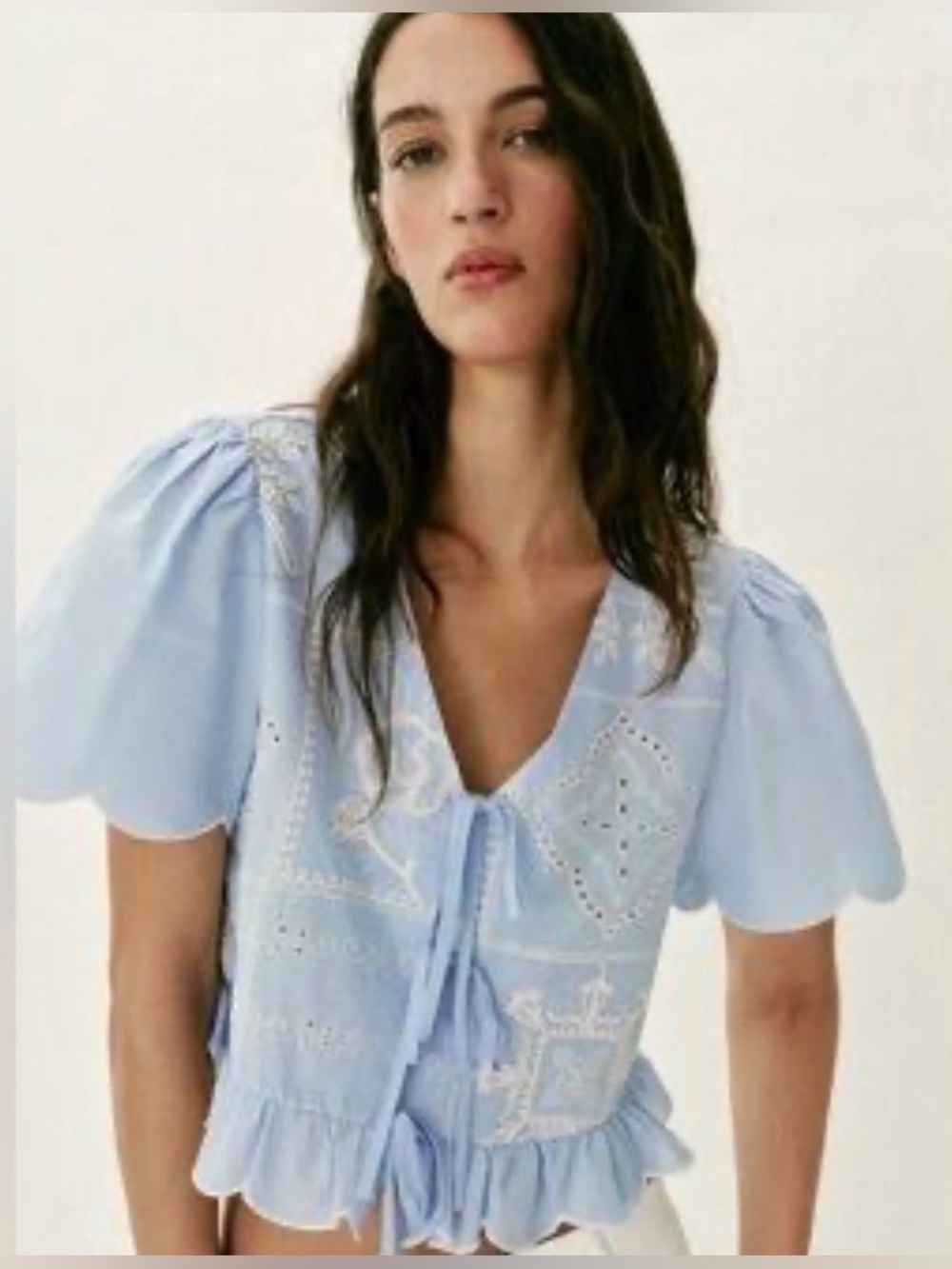 NWT Zara Light Blue Embroidered Tie-Front Puff Sleeve Blouse